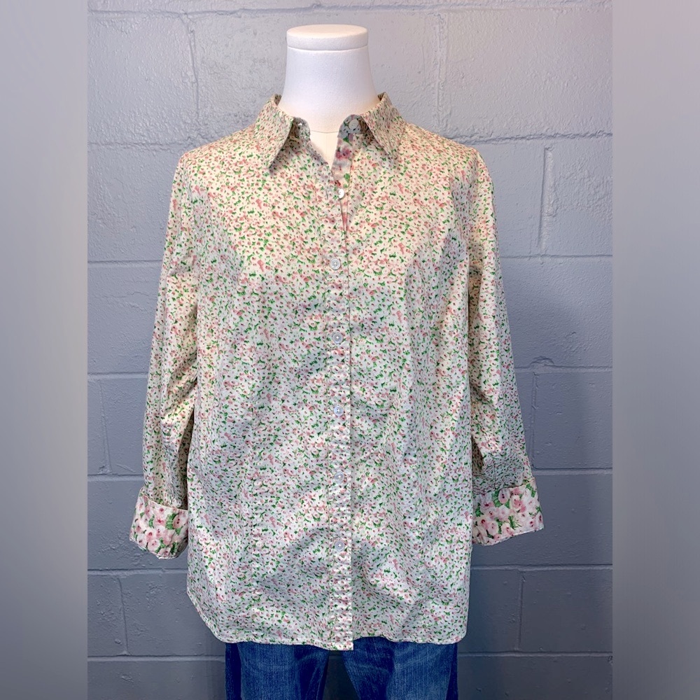 Talbots Cream Pink Floral Long Sleeve Button Down Shirt Women's Size 14 Petite - Picture 2 of 9